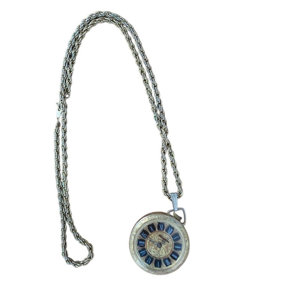 Vintage Lucerne Gold tone Stop watch Necklace made in Korea Floral embroidery
